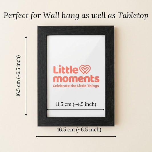 Black color photo frame with 'Little moments' logo, highlighting the dimensions of the frame