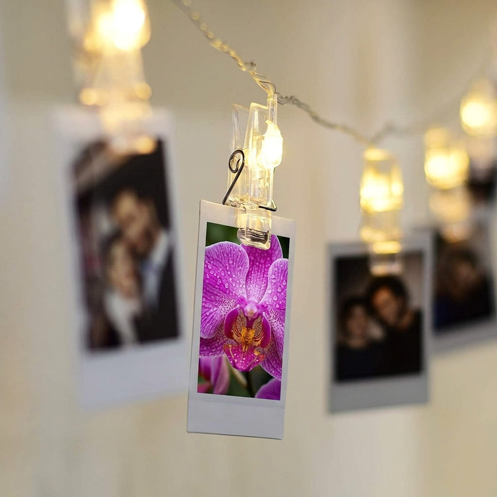 LED String lights with clips and polaroid photo prints hanging on a wall for room decor