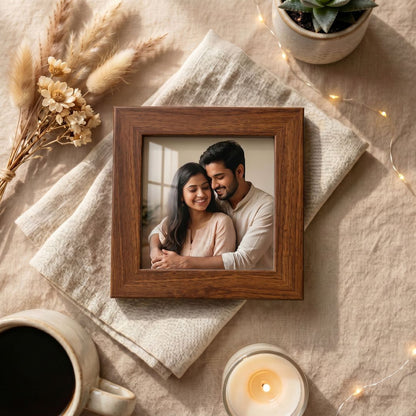 3x3 inch brown color photo frame with a photo of a couple, placed on a table with a cup, candle, and decorative elements.