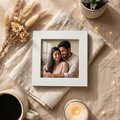 3x3 inch white color photo frame with a photo of a couple, placed on a table with a cup, candle, and decorative elements.