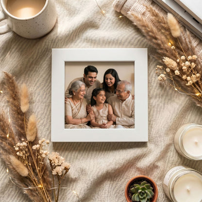 4x4 inch photo frame with family photo on a textured background with candles and dried plants