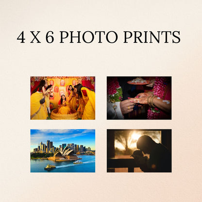 Promotional image for 4 x 6 photo prints with various images on a beige background.