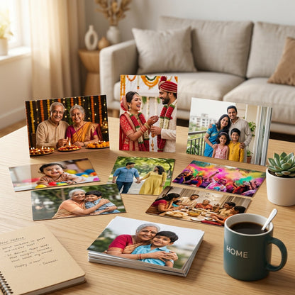 Collection of printed family album photos, measuring 4x6 size, placed on a table