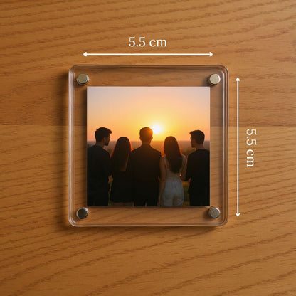 Acrylic fridge magnet with a photo of five people at sunset, showing dimensions of the magnet