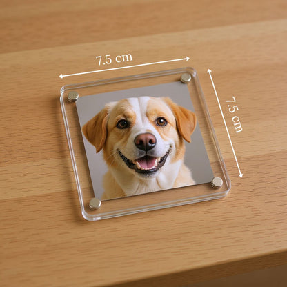 Clear acrylic fridge magnet with a dog photo and measurement details on a wooden surface