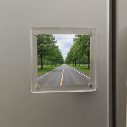 Close up photo of a square shaped acrylic fridge magnet placed on a fridge