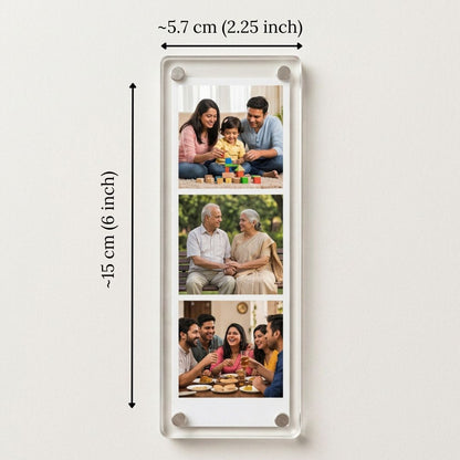 Rectangular photo magnet strip showing family photos and measurements of the magnet strip.