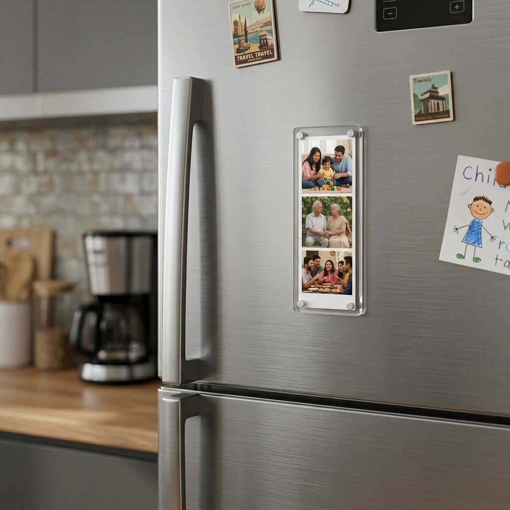 Stainless steel refrigerator with a acrylic photo magnet strip attached to it displaying family photos.