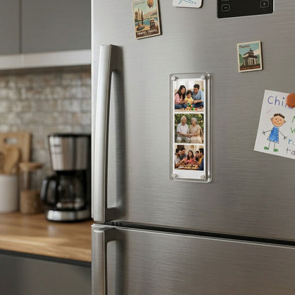 Stainless steel refrigerator with a acrylic photo magnet strip attached to it displaying family photos.