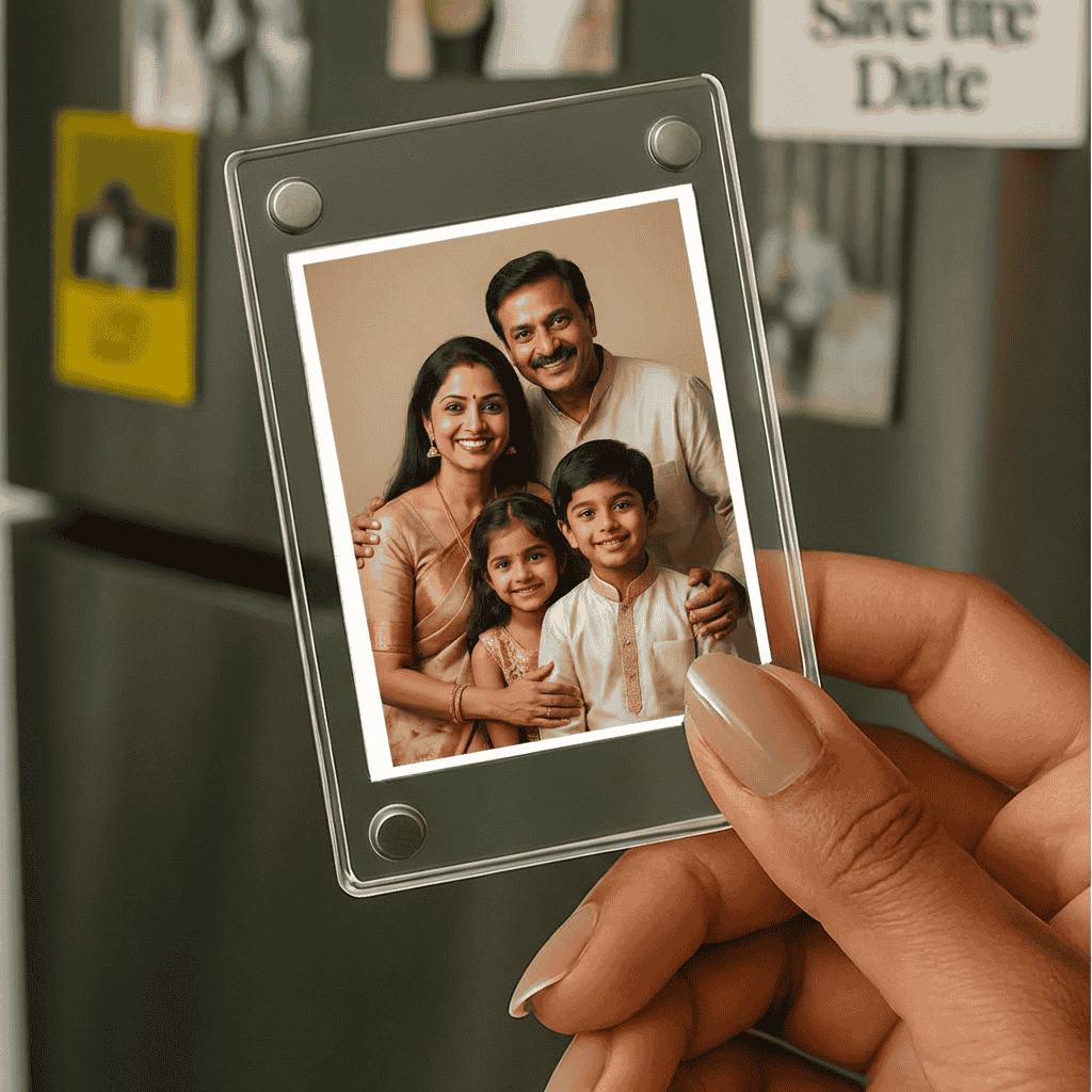 Family photo in a clear rectangle acrylic fridge magnet held by a hand against a refrigerator with other photos.