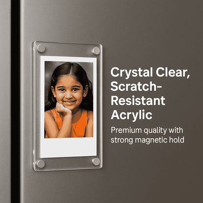 Magnetic photo frame on a refrigerator with a child's photo and text about acrylic quality.