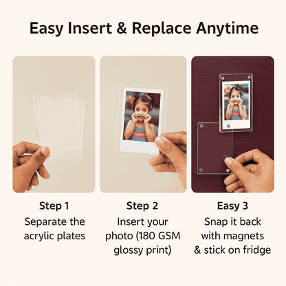 Step-by-step guide on how to use a photo display with acrylic fridge magnets, and a fridge.