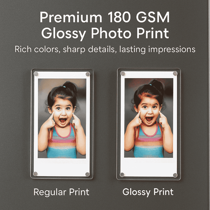 Comparison of a regular print and a glossy print of a child's photo on a dark background.