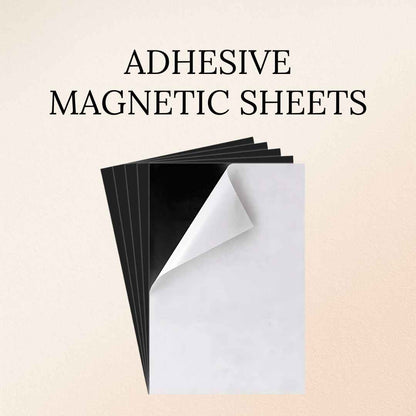 Stack of adhesive magnetic sheets on a beige background with text.