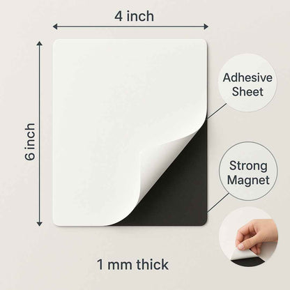 Adhesive magnetic sheet with strong magnet, dimensions labeled, on a light gray background