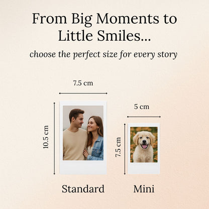 Comparison of Standard and Mini polaroid photo print sizes