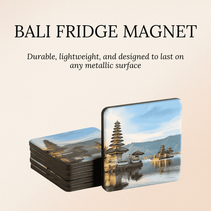 Bali fridge magnet with temple and lake design on a beige background