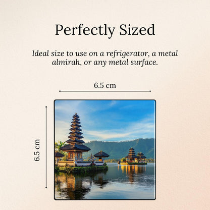 Measurement label for a square fridge magnet of a Bali temple on water with dimensions 6.5 cm x 6.5 cm.