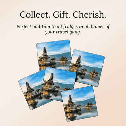 Set of four fridge magnets with Bali temple design on a beige background with text.