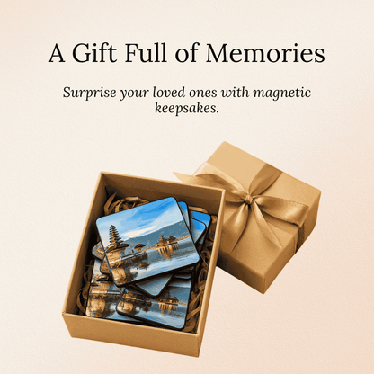 Open gift box with stacked fridge magnets related to Bali 