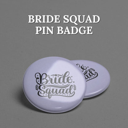 Two 'Bride Squad' pin badges with Lavender Mist design kept on a gray background with text above them.