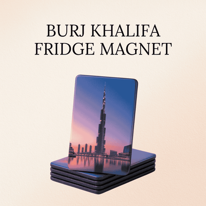 Stack of Burj Khalifa fridge magnets on a beige background