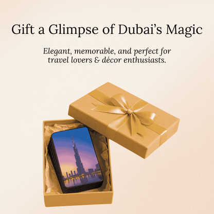 Open gift box with a stack of fridge magnets displaying the Burj Khalifa, text 'Gift a Glimpse of Dubai's Magic' on beige background.