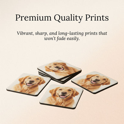 Set of fridge magnets with dog images and text about premium quality prints.
