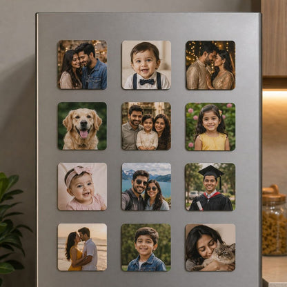 Fridge with square photo magnets of people and a dog