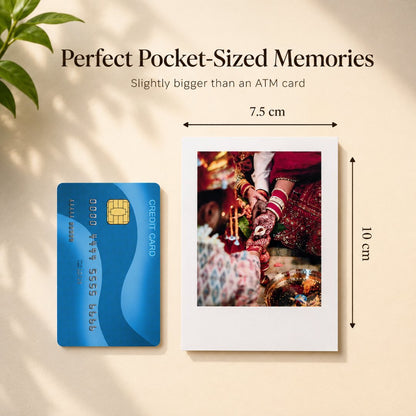 Polaroid photo print with dimensions and a credit card for size comparison on a beige background