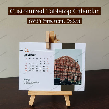 Customized tabletop calendar with a wooden stand, placed on a wooden table