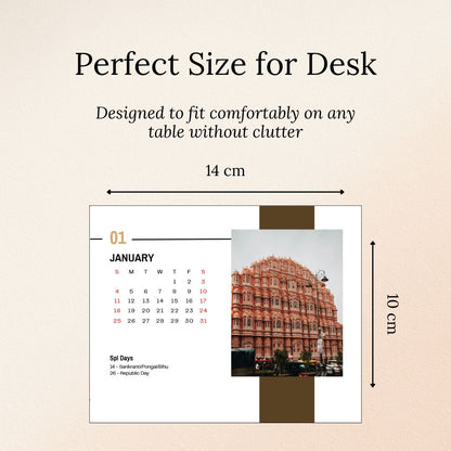 Tabletop calendar with dimensions labeled on a beige background