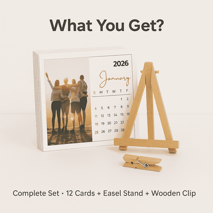 Tabletop calendar with photo of four people, easel stand, and wooden clip on a white background