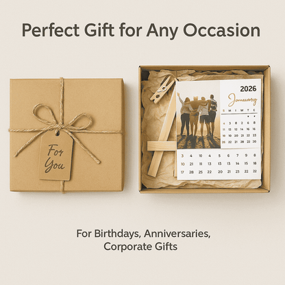 Gift box with a tabletop calendar set and 'For You' tag on a light background