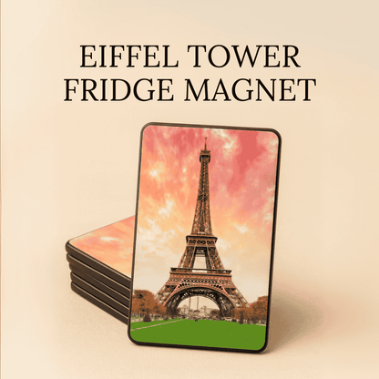 Eiffel Tower fridge magnet with a pink and orange sky on a beige background