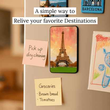 Fridge with eiffel tower fridge magnet, notes, and a hand drawing