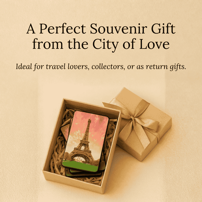Souvenir gift box with Eiffel Tower fridge magnets stacked in a box on a beige background