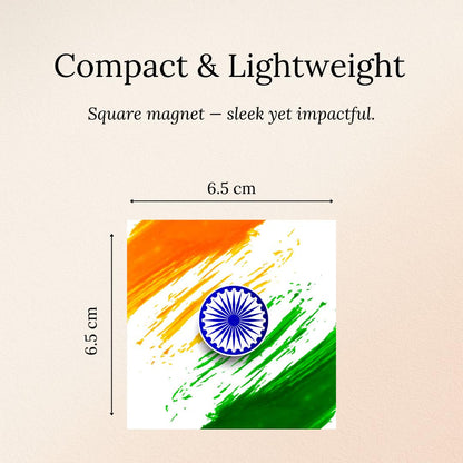 Square fridge magnet with tricolor India flag design and measurements on a beige background
