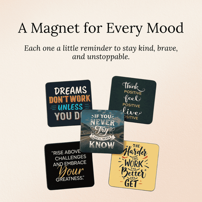 Motivational fridge magnets with quotes on a beige background