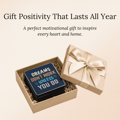 Set of motivational fridge magnets in a gift box with text 'Dreams don't work unless you do'.