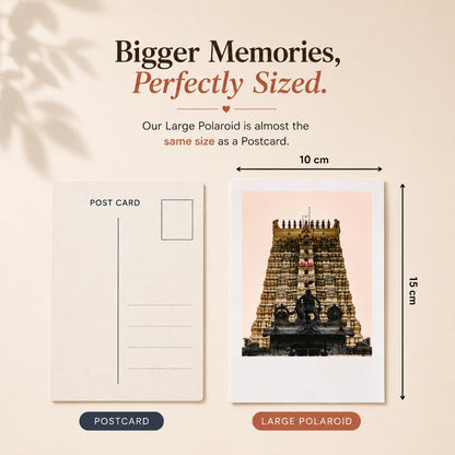 Comparison of a postcard and a large Polaroid photo print showing their dimensions.