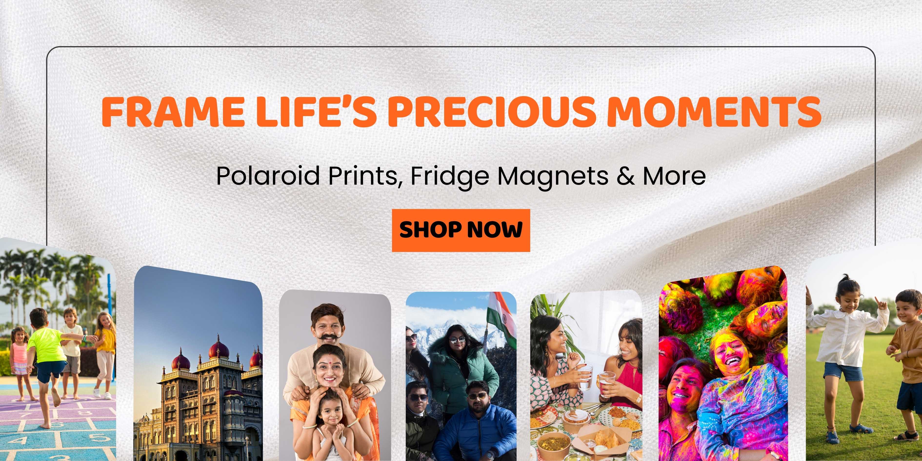 Promotional banner for Polaroid products with images of people and text encouraging viewers to 'Shop Now'.