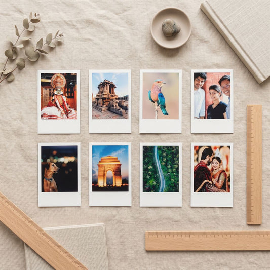 Collection of polaroid photo prints on a textured surface with decorative elements.