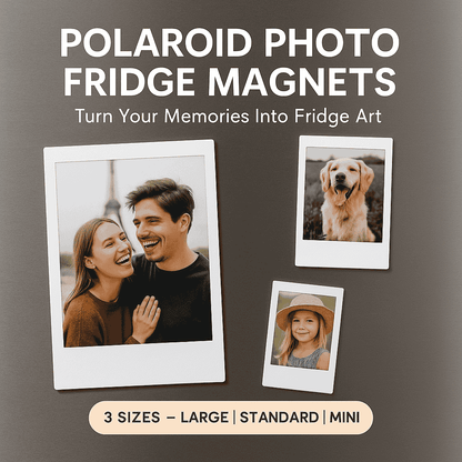 Polaroid photo fridge magnets on a gray background with text about turning memories into fridge art.