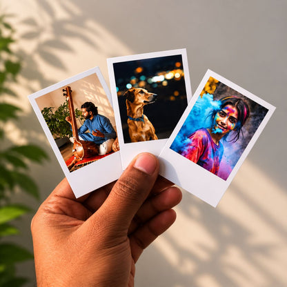 Hand holding three small sized Polaroid photo prints against a neutral background