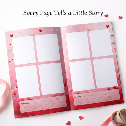 Polaroid photo album kept open  with heart-themed pages and on a white background