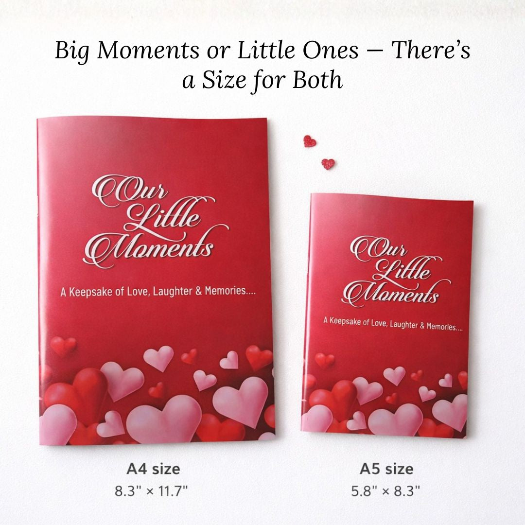 Two red colored polaroid photo albums with heart designs and 'Our Little Moments' text on a white background.