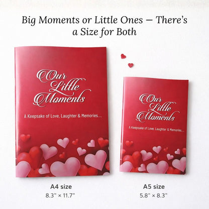 Two red colored polaroid photo albums with heart designs and 'Our Little Moments' text on a white background.