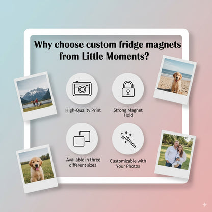 Promotional graphic for custom fridge magnets from Little Moments with features listed.