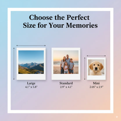 Comparison of large, standard, and mini polaroid photo fridge magnet sizes with corresponding images and dimensions on a gradient background.